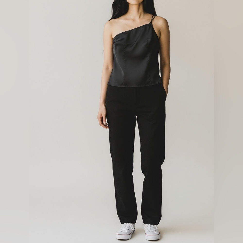 Black satin one-shoulder form-fitting corset top, XS, Baddie Blouse